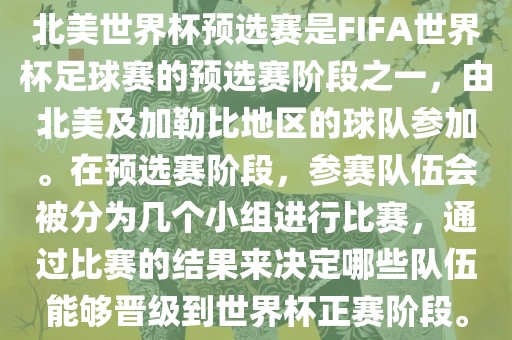 北美世界杯预选赛是FIFA世界杯足球赛的预选赛阶段之一，由北美及加勒比地区的球队参加。在预选赛阶段，参赛队伍会被分为几个小组进行比赛，通过比赛的结果来决定哪些队伍能够晋级到世界杯正赛阶段。