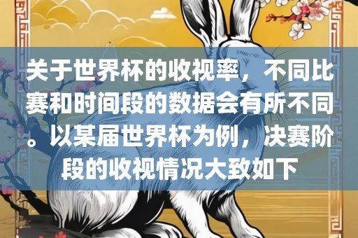 关于世界杯的收视率，不同比赛和时间段的数据会有所不同。以某届世界杯为例，决赛阶段的收视情况大致如下