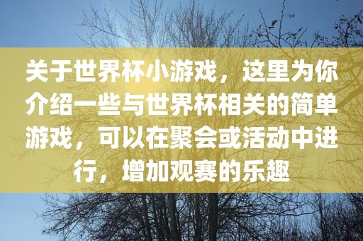 关于世界杯小游戏，这里为你介绍一些与世界杯相关的简单游戏，可以在聚会或活动中进行，增加观赛的乐趣