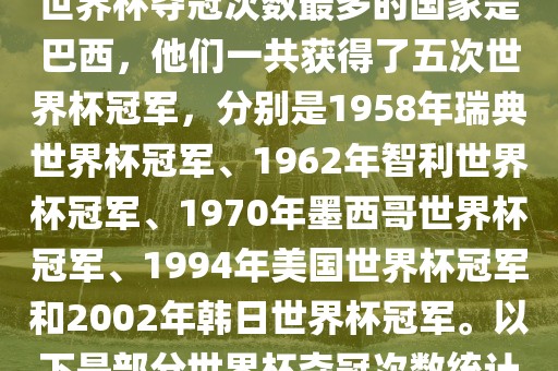 世界杯夺冠次数最多的国家是巴西，他们一共获得了五次世界杯冠军，分别是1958年瑞典世界杯冠军、1962年智利世界杯冠军、1970年墨西哥世界杯冠军、1994年美国世界杯冠军和2002年韩日世界杯冠军。以下是部分世界杯夺冠次数统计