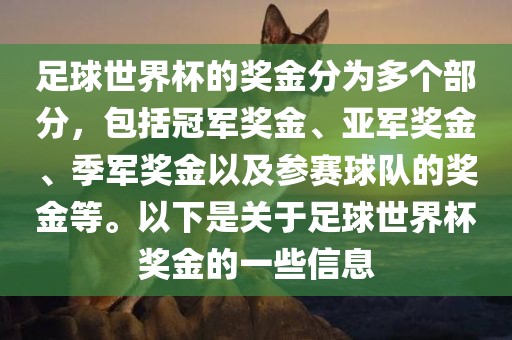 足球世界杯的奖金分为多个部分，包括冠军奖金、亚军奖金、季军奖金以及参赛球队的奖金等。以下是关于足球世界杯奖金的一些信息眉山市正发家政服务有限公司