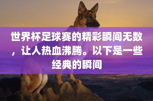 世界杯足球赛的精彩瞬间无数，让人热血沸腾。以下是一些经典的瞬间