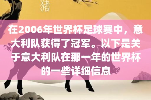 在2006年世界杯足球赛中，意大利队获得了冠军。以下是关于意大利队在那一年的世界杯的一些详细信息眉山市正发家政服务有限公司