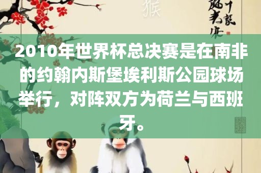 2010年世界杯总决赛是在南非的约翰内斯堡埃利斯公园球场举行，对阵双方为荷兰与西班牙。